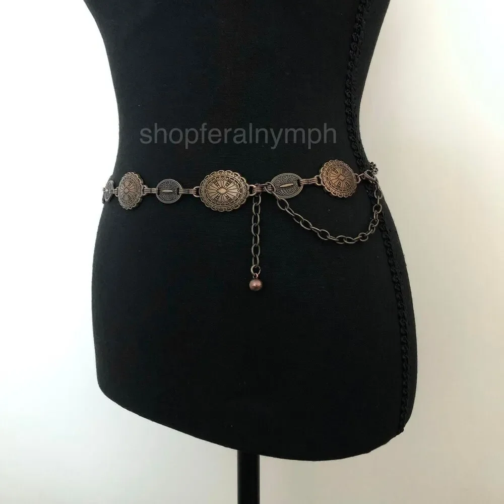 Y2K Boho Antique Bronze Medallion Chain Belt, Fits 22–37.5 Inches, X7GA1174